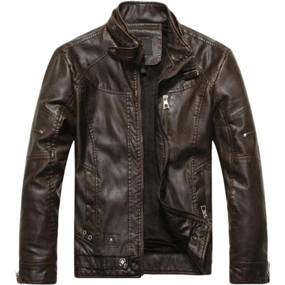Men's Vintage Stand Collar Pu Leather Jacket Coffee